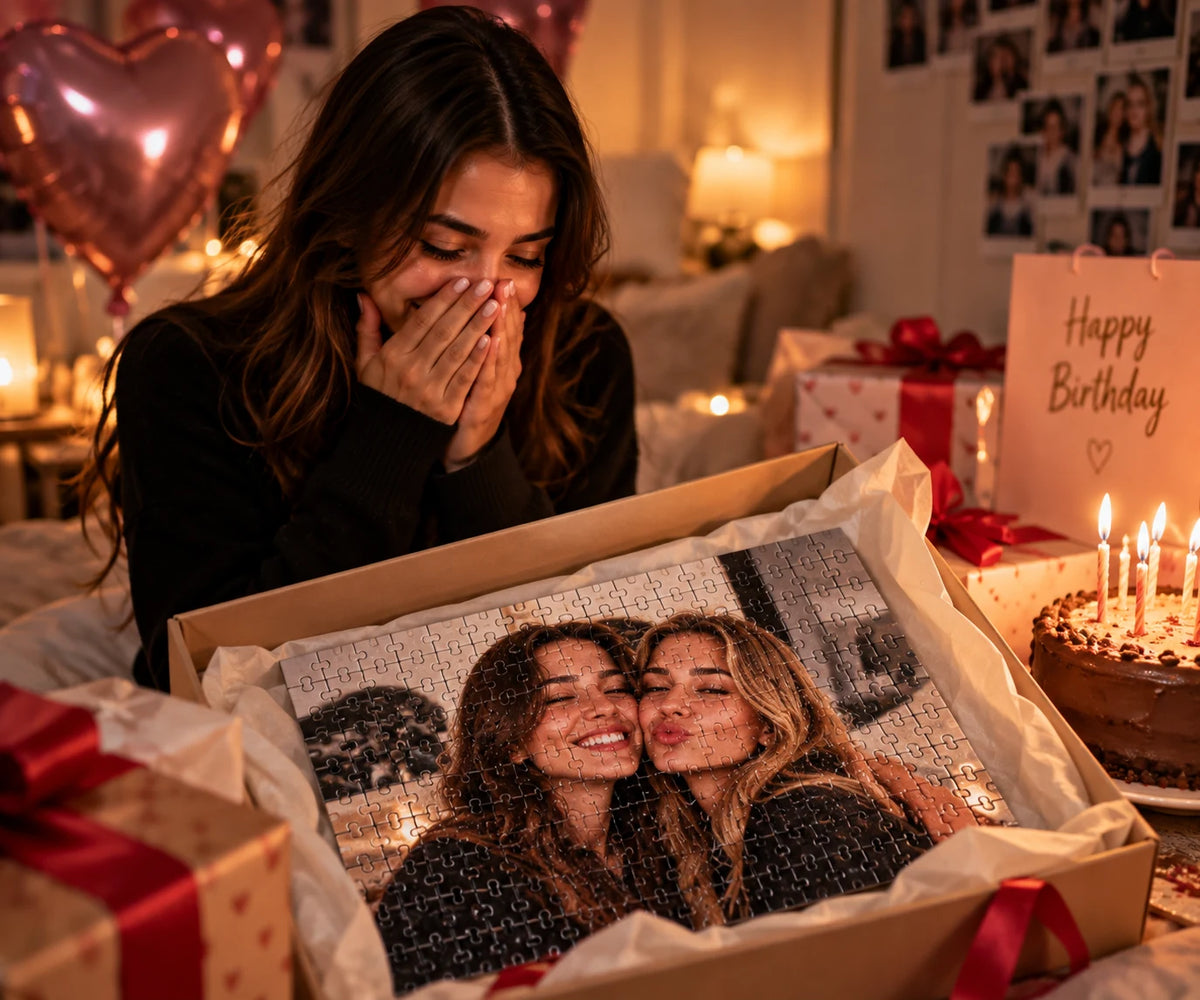 A woman surprised by a personalized best-friend photo puzzle on her birthday