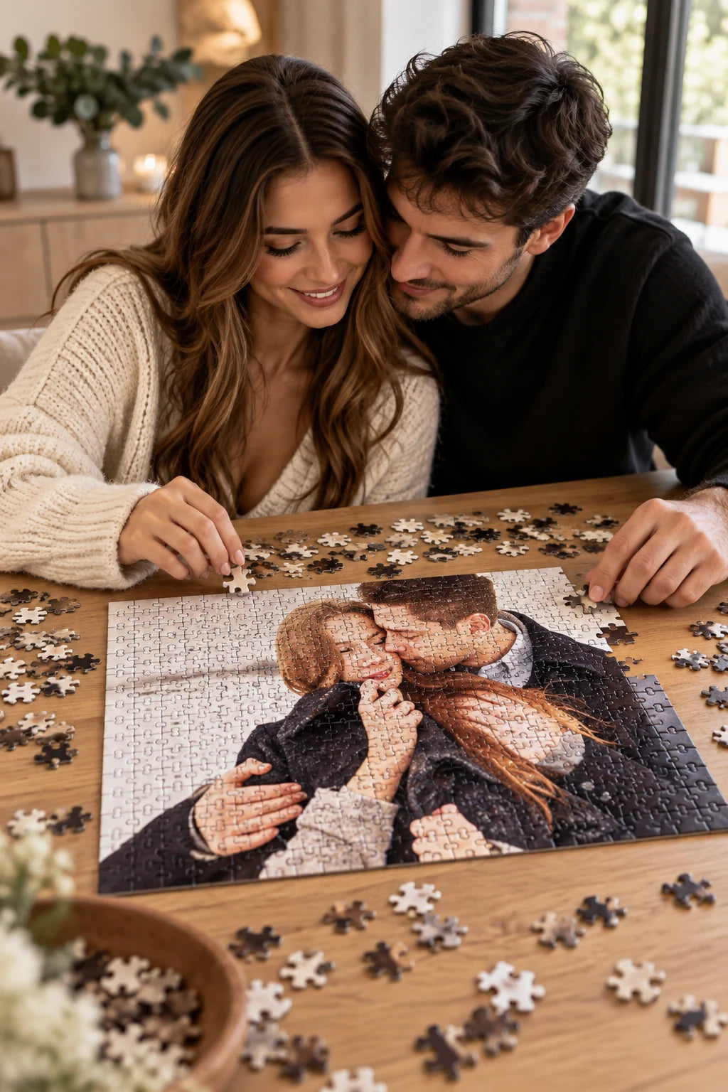 A couple putting together their personalized photo puzzle at home