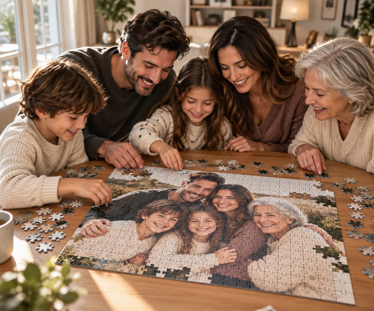 A family assembling a personalized family photo puzzle together