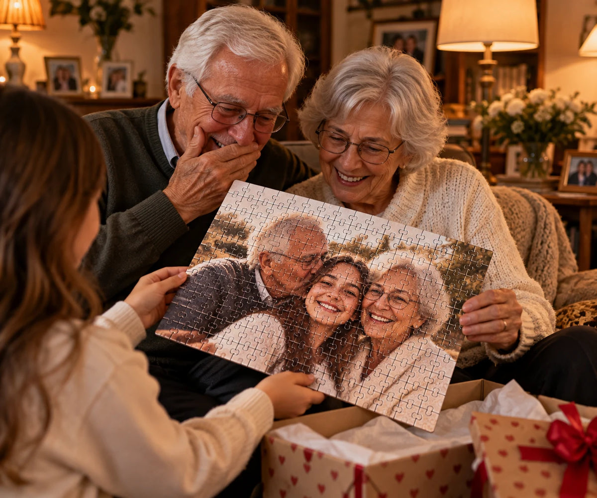 Grandparents opening a personalized family photo puzzle gift